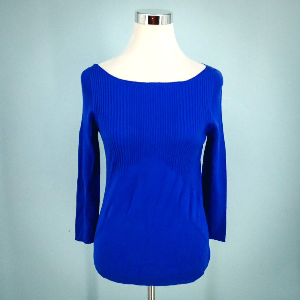 Escada 36 Size Small S Blue Sango Ribbed Bodice Boat Neck 3/4 Sleeve Sweater